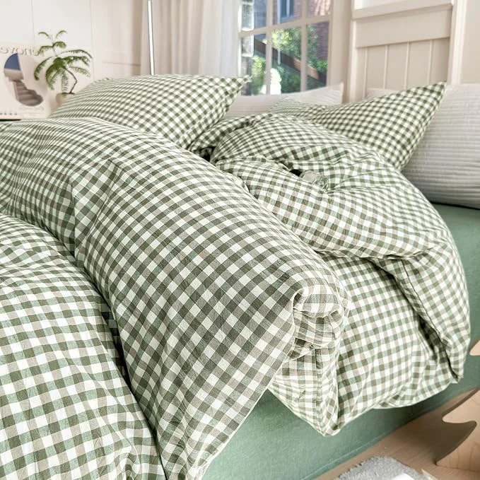 Effective LifeTB Green Gingham Comforter Set California King Modern Style Green Plaid Grid Comforter with 2 Pillowcases Soft Fluffy Checkered Pattern Comforter Farmhouse Gingham Bedding Set Breathable Healthy