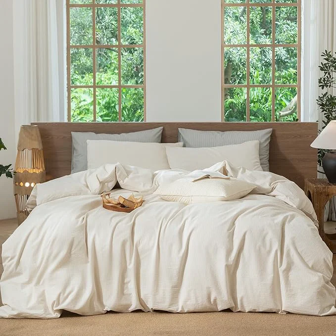 Verified MooMee Striped Duvet Cover Set Washed Cotton Linen Like Textured Breathable Durable Soft Comfy Almond Milk Grey Pinstripes Twin 68 quot x90 quot Carefully Designed