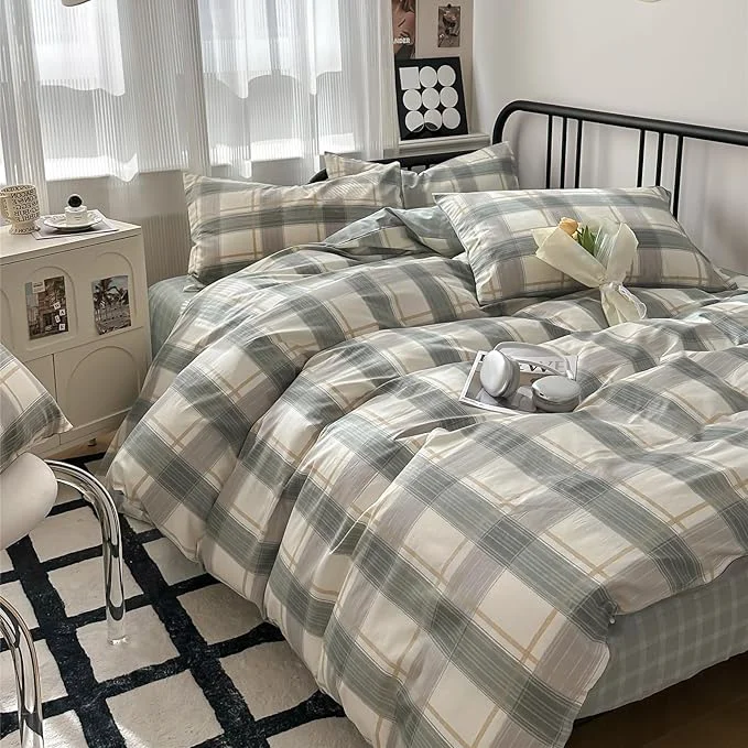 Lightweight EAVD Green Plaid Duvet Cover Set Queen Soft Cotton Farmhouse Grid Checkerd Gingham Bedding Set with 2 Pillowcases Modern Geometric Plaid Comforter Cover with Zipper Closure for Women Men Excellent