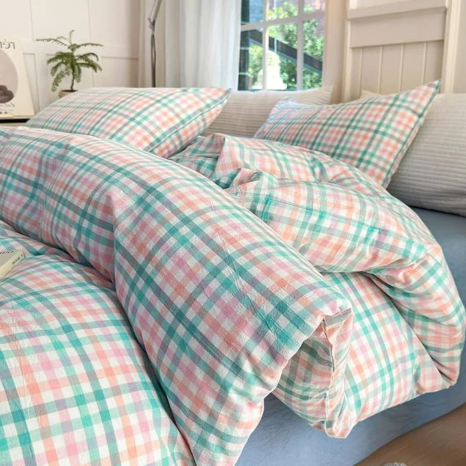 Casual LifeTB Gingham Comforter Set King 3 Pieces Multi-Colored Grid Comforter Lightweight Checkered Plaid Comforter Set with 2 Pillowcases Fluffy Soft Grid Printed Pattern Farmhouse Gingham Bedding Set Expertly Made
