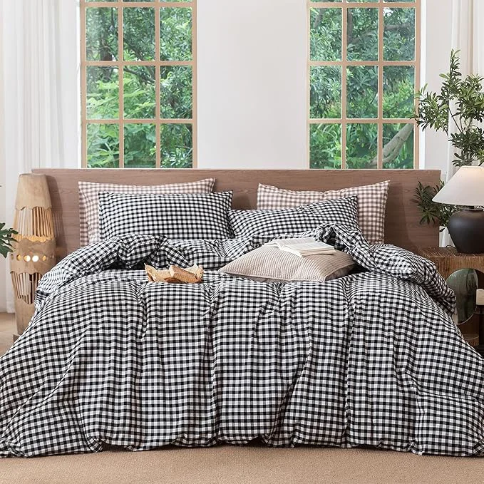 Certified MooMee Gingham Duvet Cover Set Washed Cotton Linen Like Textured Breathable Durable Soft Comfy Modern Checkered Design Black White Gingham King 104 quot x90 quot Detailed