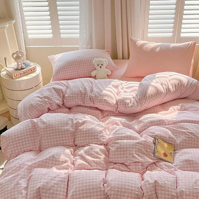 Excellent LifeTB Pink Gingham Comforter Set Queen 3 Pieces Plaid Checkered Comforter Set Aesthetic Pink Grid Comforter with 2 Pillowcases Plaid Checkered Pattern Farmhouse Gingham Bedding Set Queen Top-Quality