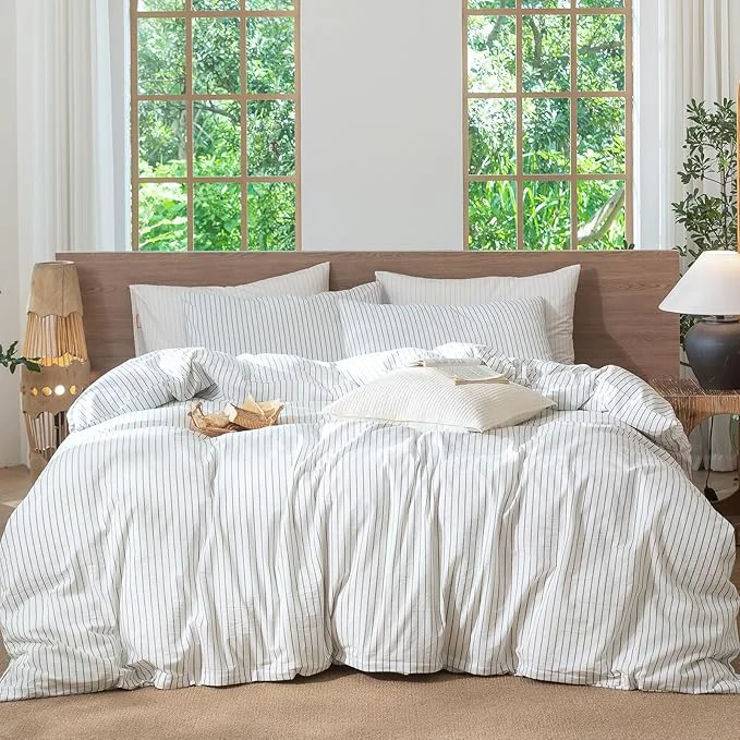 Unique MooMee Striped Duvet Cover Set Washed Cotton Linen Like Textured Breathable Durable Soft Comfy White Heathered Green Wide Stripes Full 80 quot x90 quot Contemporary
