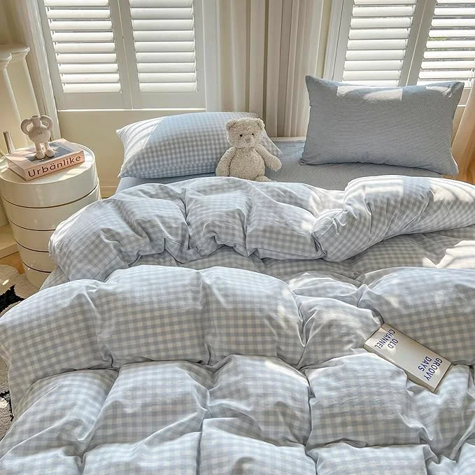 Durable LifeTB Blue Gingham Comforter Set Full Size Modern Style Blue Plaid Comforter Set 3 Pieces Grid Checkered Pattern Comforter Fluffy Soft Farmhouse Gingham Bedding Comforter with 2 Pillowcases Dependable