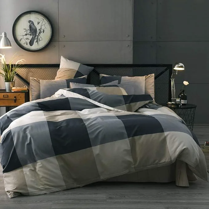 Optimized King Comforter Set Modern Style Checkered Pattern Comforter Boho Plaid Comforter Set 1 Geometric Comforter with 2 Pillow Shams Fluffy Bedding Set for All Seasons King Size Comforter Set for Men Women Specialty
