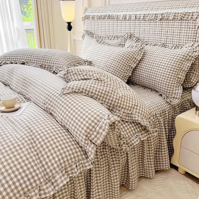Innovative LifeTB Tan Gingham Comforter Set King Vintage Ruffle Beige Taupe Plaid Comforter Set 3 Pieces Soft Fluffy Grid Checkered Pattern Comforter with 2 Pillowcases Farmhouse Gingham Plaid Bedding Set Verified