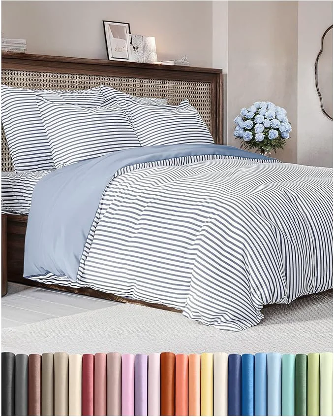 Casual Duvet Cover King Size Set - Extra Soft King Duvet Cover 104 quot x 90 quot with 2 Pillow Shams - Hotel Luxury Easy Care amp Fade with Zipper Closures amp Ties - All Season Comfy amp Breathable Blue Stripes Modern