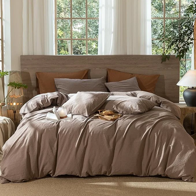 Enhanced MooMee Wavy Striped Duvet Cover Set Washed Cotton Linen Like Textured Breathable Durable Soft Comfy Brown Queen 90 quot x90 quot Relaxed