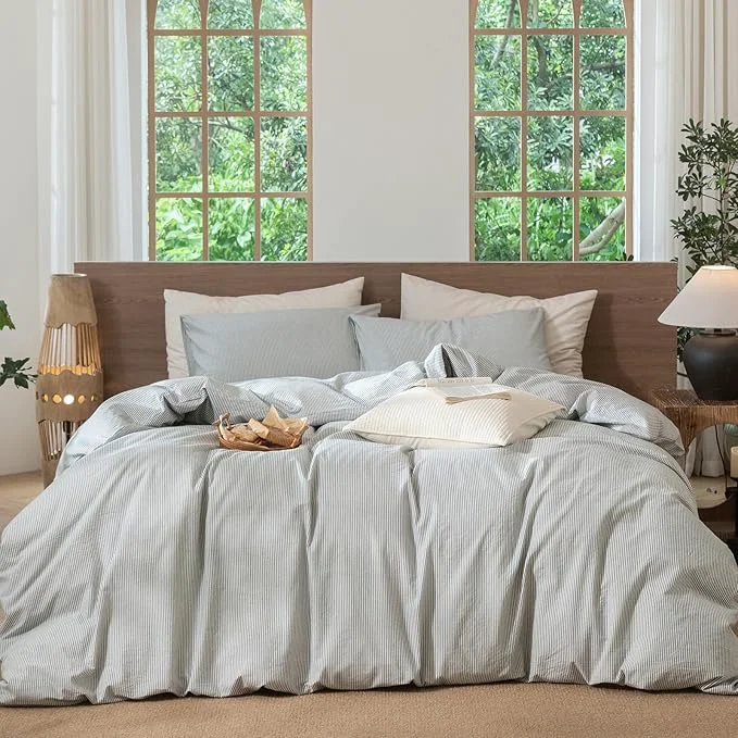 Original MooMee Striped Duvet Cover Set Washed Cotton Linen Like Textured Breathable Durable Soft Comfy Heathered Green Pinstripes Oversized King Plus 128 quot x120 quot Outstanding