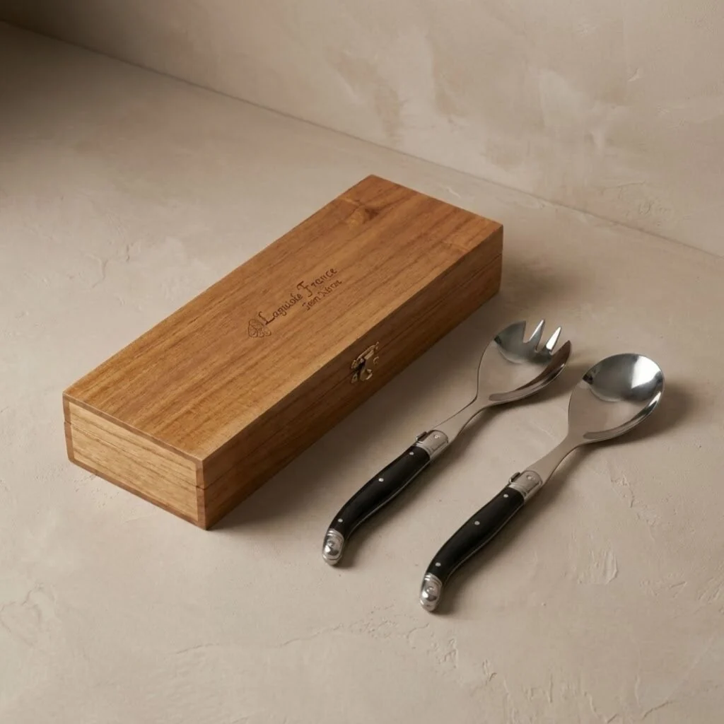 Natural Laguiole Salad Serving Set Black in Wooden Box Efficient
