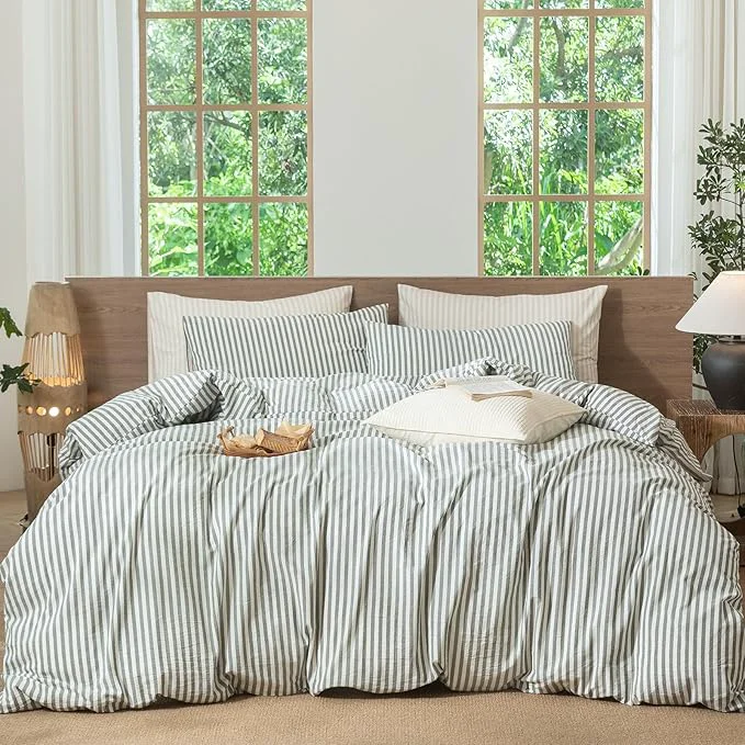 Traditional MooMee Striped Duvet Cover Set Washed Cotton Linen Like Textured Breathable Durable Soft Comfy Heathered Green Classic Stripes King 104 quot x90 quot Trendy