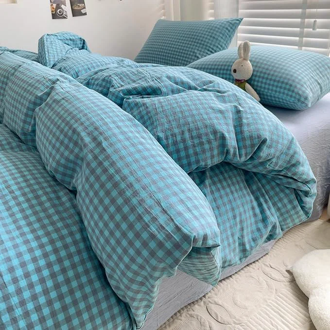 Powerful LifeTB Blue Gingham Comforter Set Full Modern Style Blue Grey Plaid Grid Comforter 3 Pieces Farmhouse Checkered Pattern Comforter with 2 Pillowcases Soft Fluffy Gingham Bedding Set Breathable High-End