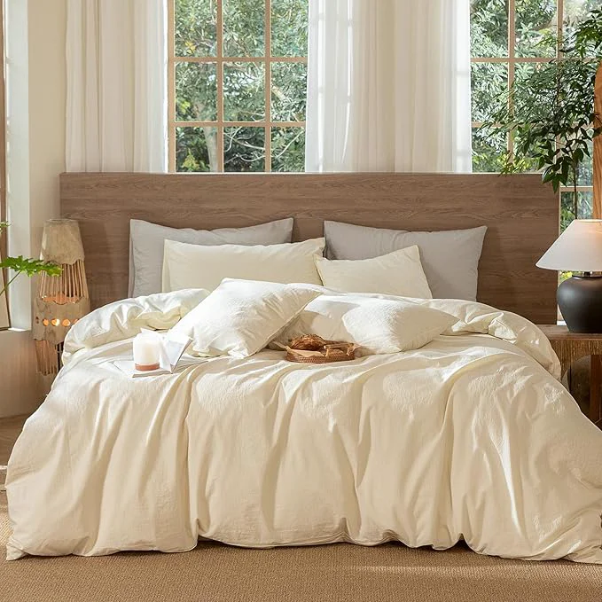 Advanced MooMee Wavy Striped Duvet Cover Set Washed Cotton Linen Like Textured Breathable Durable Soft Comfy Cream White Queen 90 quot x90 quot Artisan