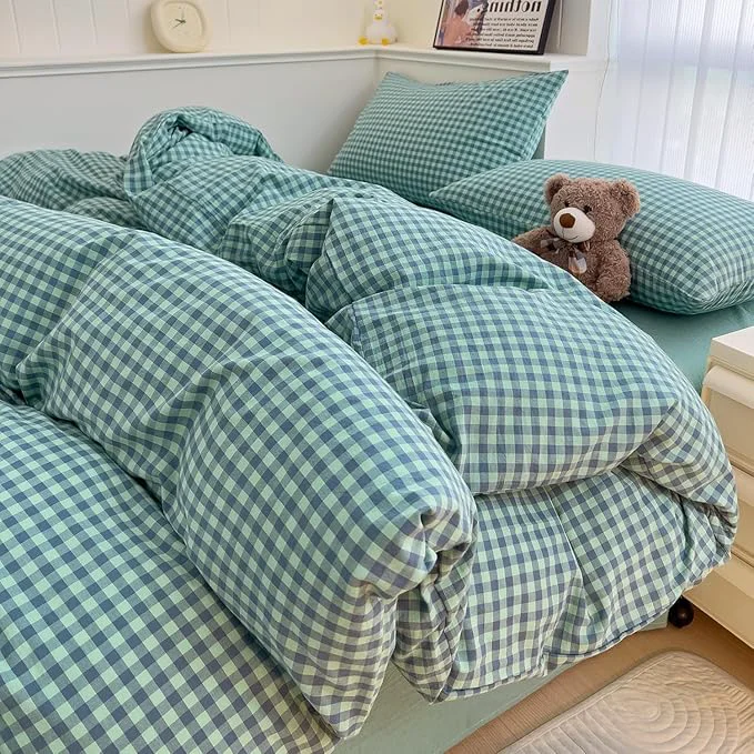 High-End LifeTB Green Gingham Comforter Set Full Size Geometric Plaid Checkered Pattern Comforter Green Grid Plaid Printed Bedding Comforter Set with 2 Pillowcases Fluffy Soft Gingham Bedding Set Breathable Luxury