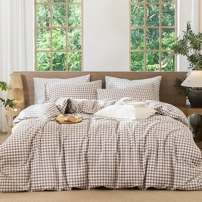 Reliable MooMee Gingham Duvet Cover Set Washed Cotton Linen Like Textured Breathable Durable Soft Comfy Modern Checkered Design Brown Gingham Twin 68 quot x90 quot Verified