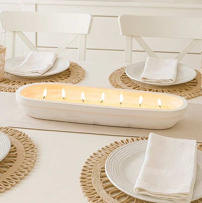 Traditional Drops of Rain - 7 Wick White Wood Dough Bowl Candle Elite