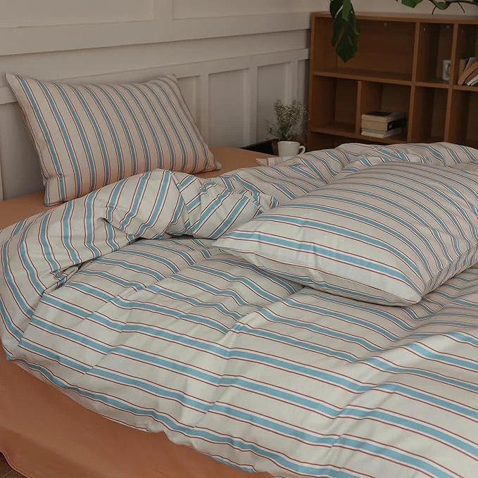 Easy-to-Use Striped Comforter Set King Size 3 Pieces Lightweight Striped Bedding Comforter Set Fluffy Soft Blue Brown Stripes Pattern Printed Bedding Set Breathable King Size Comforter with 2 Pillowcases Healthy