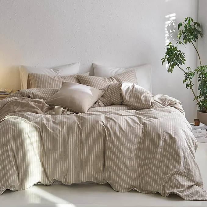 Detailed MooMee Striped Duvet Cover Set Washed Cotton Linen Like Textured Breathable Durable Soft Comfy Tannish Linen Grey White Wide Stripes Super Queen 90 quot x98 quot Fine