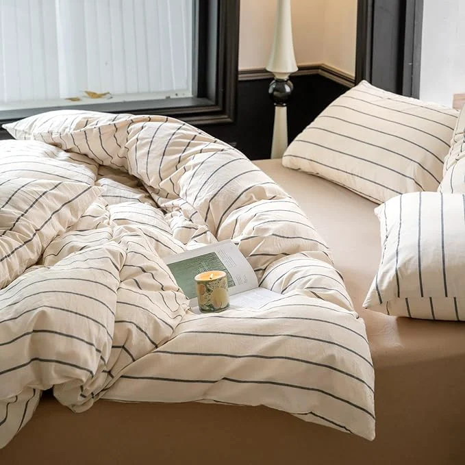 Unique LifeTB Striped Comforter Set Full Size Grey Stripes Pattern Printed Comforter 3 Pieces Lightweight Boho Bedding Comforter Set for All Seasons Breathable Soft Fluffy Beige Comforter with 2 Pillowcases Environmentally Friendly
