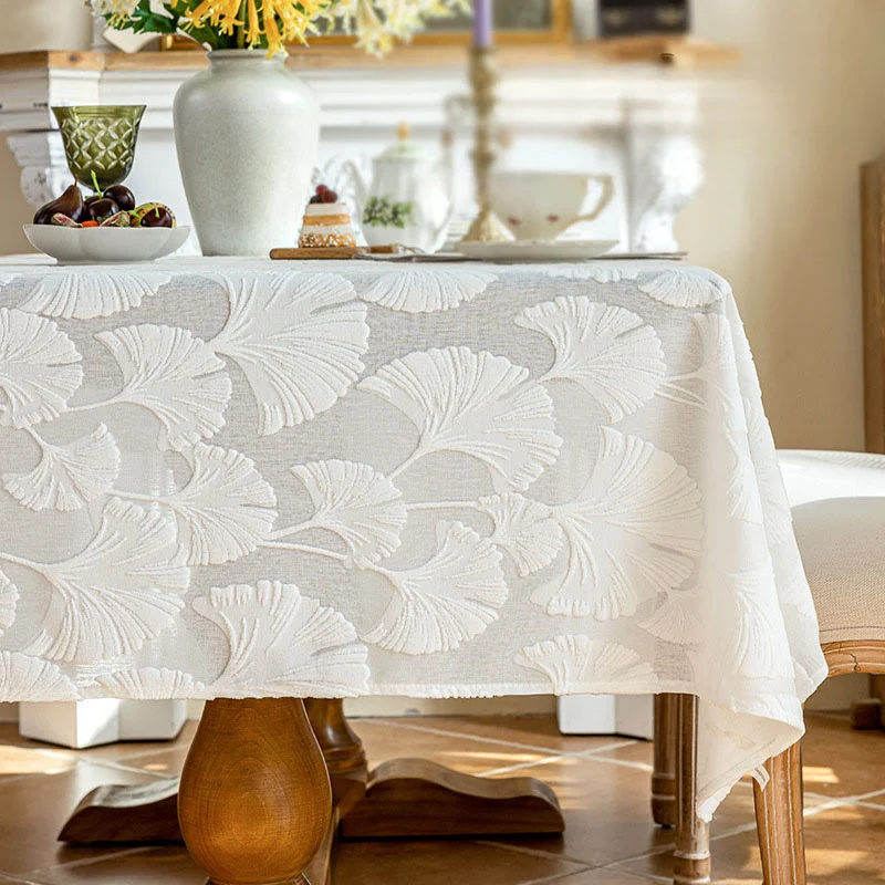 Green Ownkoti Elegant Ginkgo Leaf Jacquard Tablecloth Breathable