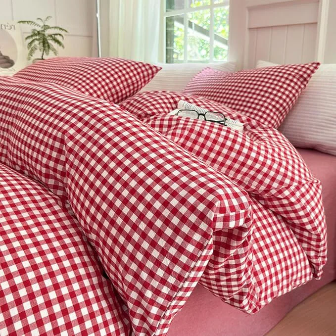 Authentic LifeTB Red Gingham Comforter Set King Modern Style Boho Plaid Comforter Set 3 Pieces Soft Fluffy Grid Checkered Pattern Comforter with 2 Pillowcases Farmhouse Gingham Plaid Bedding Set Breathable Natural