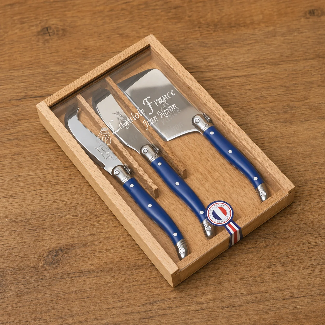 Fast Laguiole 3 Piece Mini Cheese Utensil Set French Blue in Wood Box with Acrylic Lid Verified