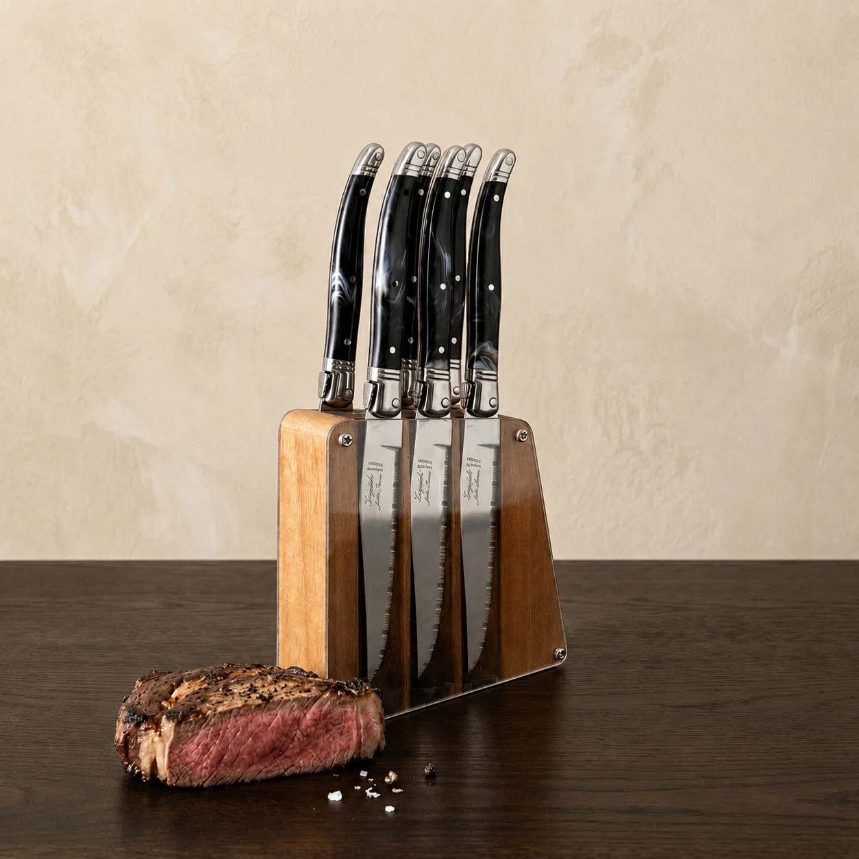 Quality Laguiole 6 Piece Steak Knife Set Black Marble in Acrylic Block Casual