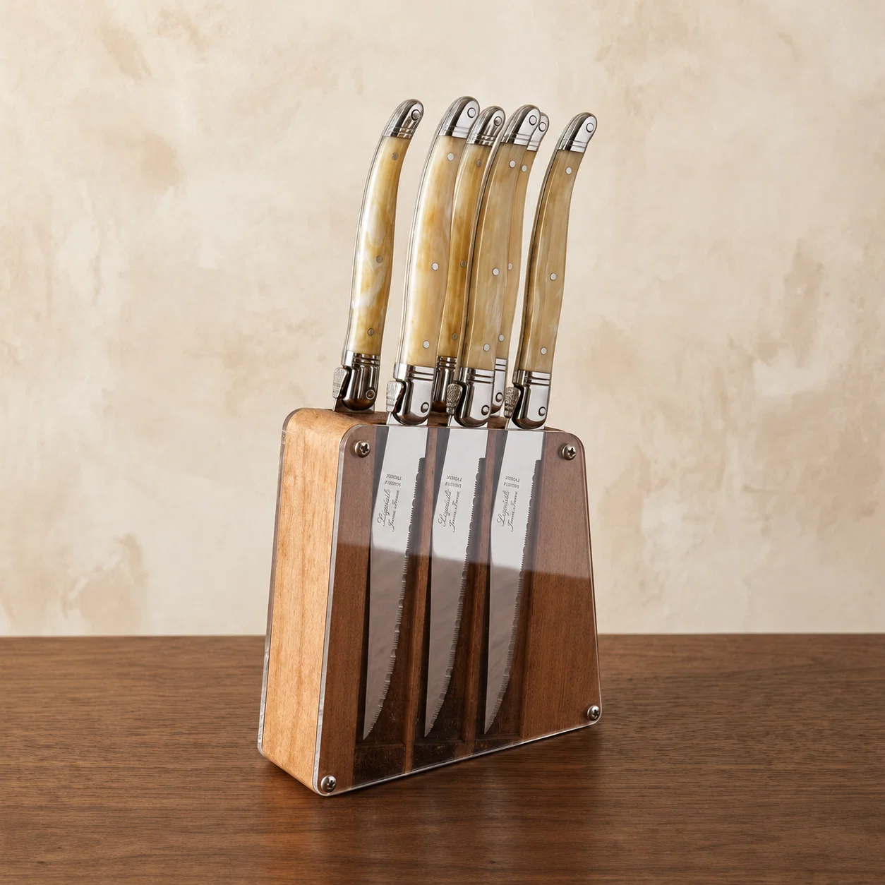 Flexible Laguiole 6 Piece Steak Knife Set Pale Horn in Acrylic Block Quality