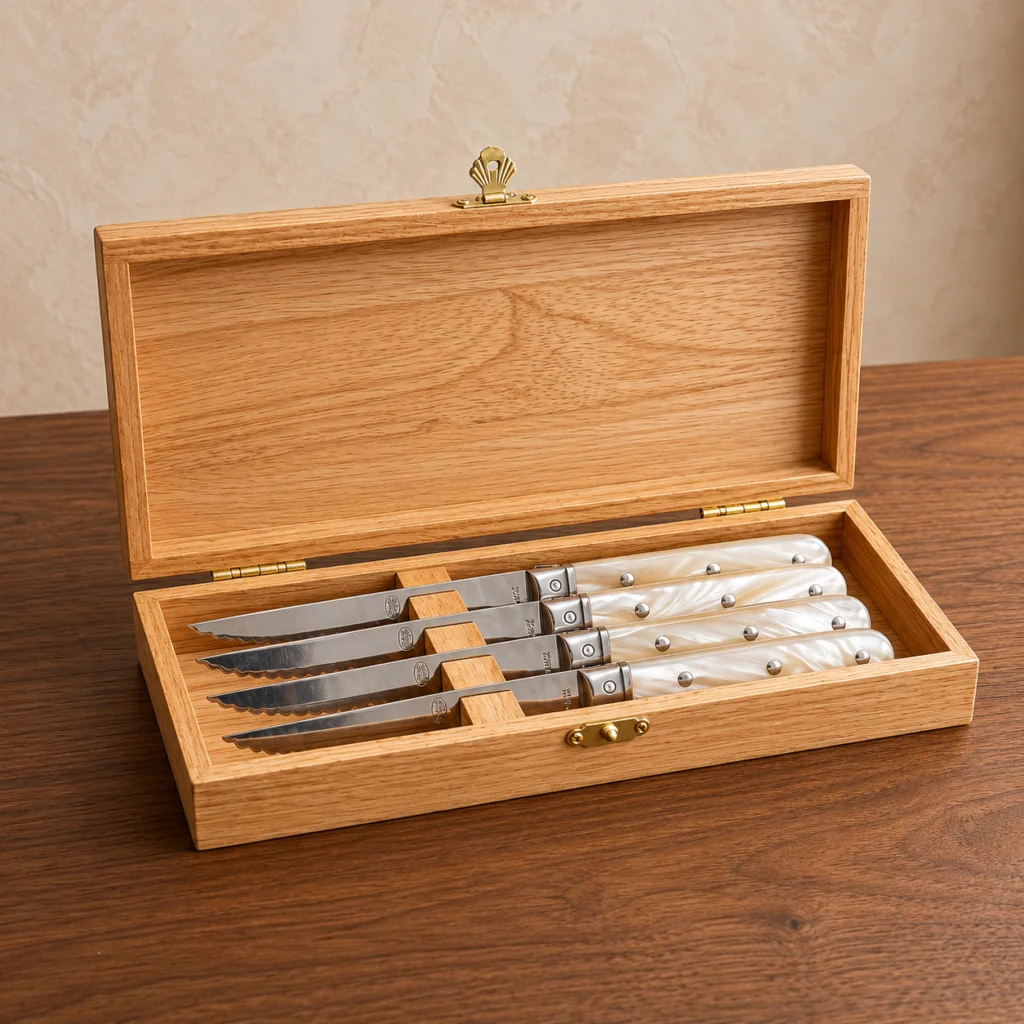 Modern La Fourmi 4 Piece Pearlescent Steak Knife Set in Wood Presentation box Effective