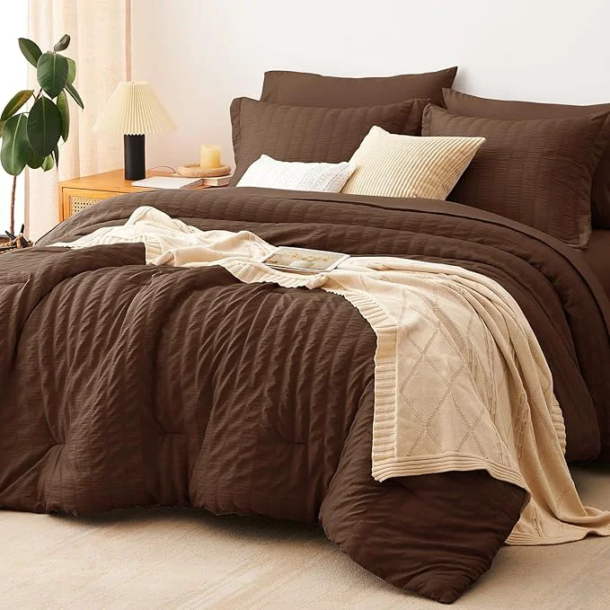 High-Performance CozyLux Queen Comforter Set Brown Seersucker 7 Pieces Bed in a Bag Queen Comforter Set with Sheets Luxury Soft Bedding Sets with Down Comforter Sheets Pillowcases amp Shams for All Season Exceptional