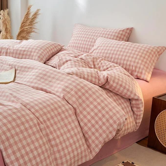 Advanced EAVD Vintage Style Gingham Plaid Duvet Cover Twin Pink White Soft Washed Cotton Chic Warm Checkered Bedding Set with 2 Pillowcases Farmhouse Grid Gingham Duvet Cover with Zipper Closure Prestigious