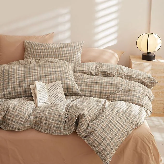 Carefully Designed EAVD Retro Tan Gingham Duvet Cover Twin Khaki Brown Grid Plaid Bedding Set Soft Washed Cotton Like Linen Feel Soft 3-Piece Brown Vintage Checkered Plaid Duvet Cover with Zipper Closure Responsible