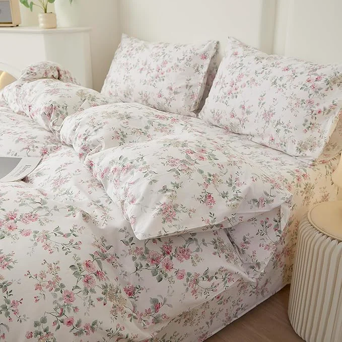 Prestigious VM VOUGEMARKET Girl 39 s Pink Flower Duvet Cover Set Twin Pure Cotton Bedding Set Vintage Floral Prints on White Duvet Cover Conquette Cottagecore for Teen Girls Relaxed