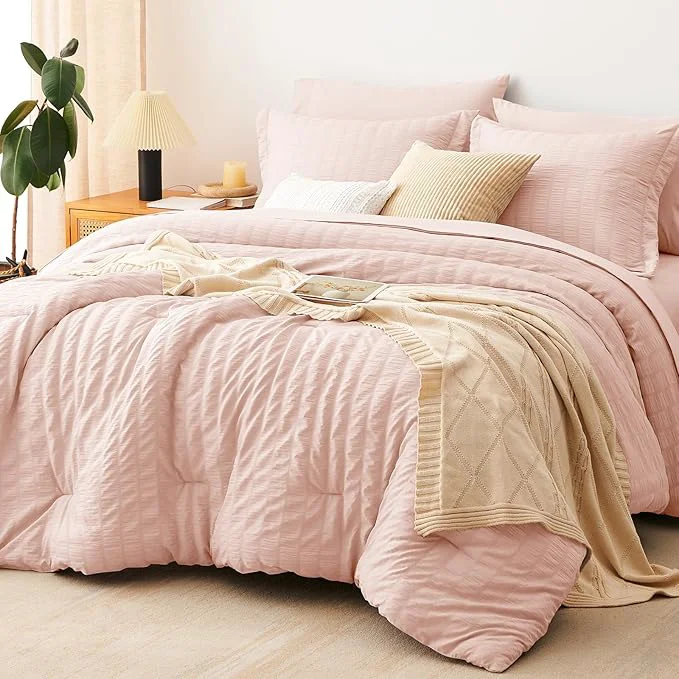 Genuine CozyLux Queen Comforter Set Blush Pink Seersucker 7 Pieces Bed in a Bag Queen Comforter Set with Sheets Luxury Soft Bedding Set with Down Comforter Sheets Pillowcases amp Shams All Season First-Class
