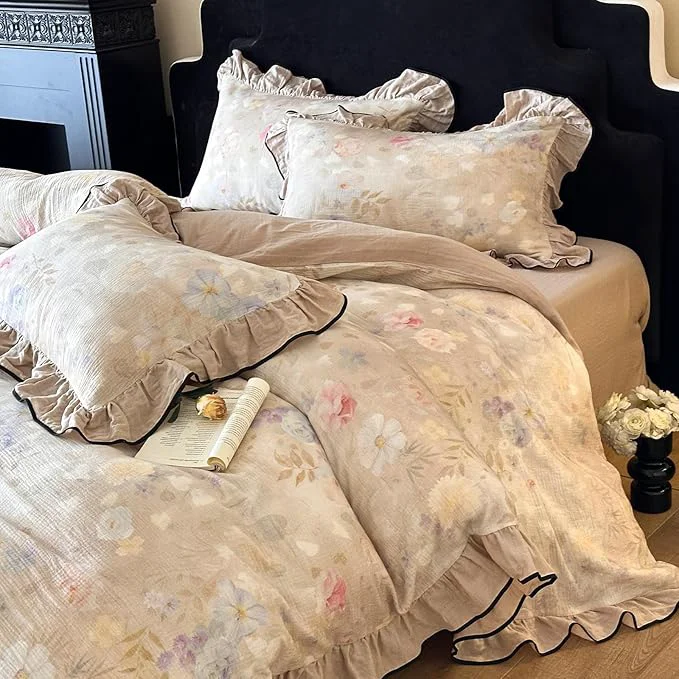Efficient VM VOUGEMARKET Vintage Flower Duvet Cover Set King Ruffled Linen Gauze Duvet Cover with 2 Pillow Shams Soft Breathable Muslin Cotton Bedding Set-Ivory Luxury