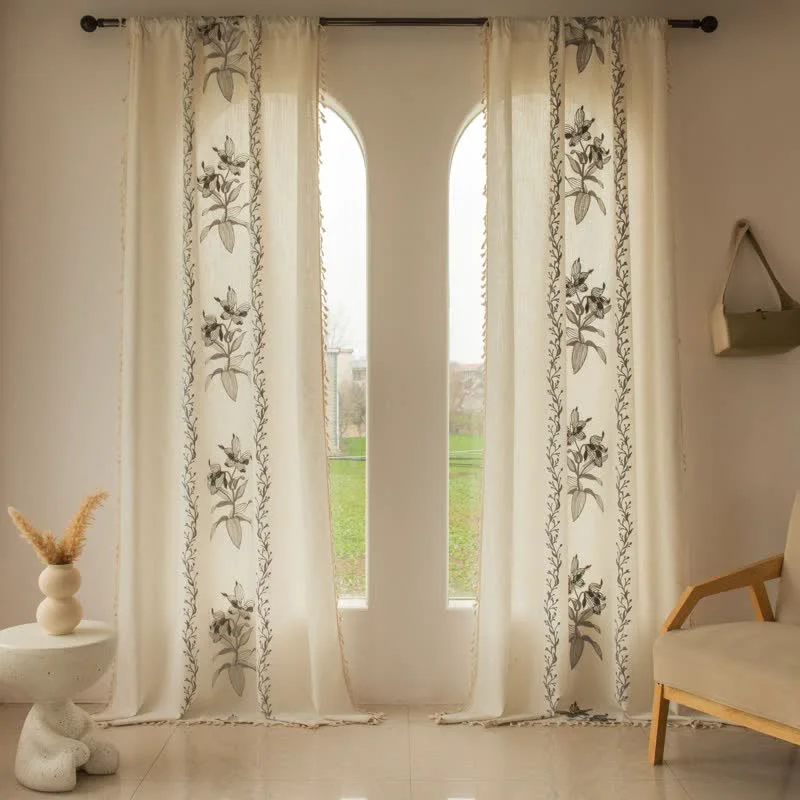 Recyclable Ownkoti Lily Floral Light Filtering Curtain with Tassels First-Class