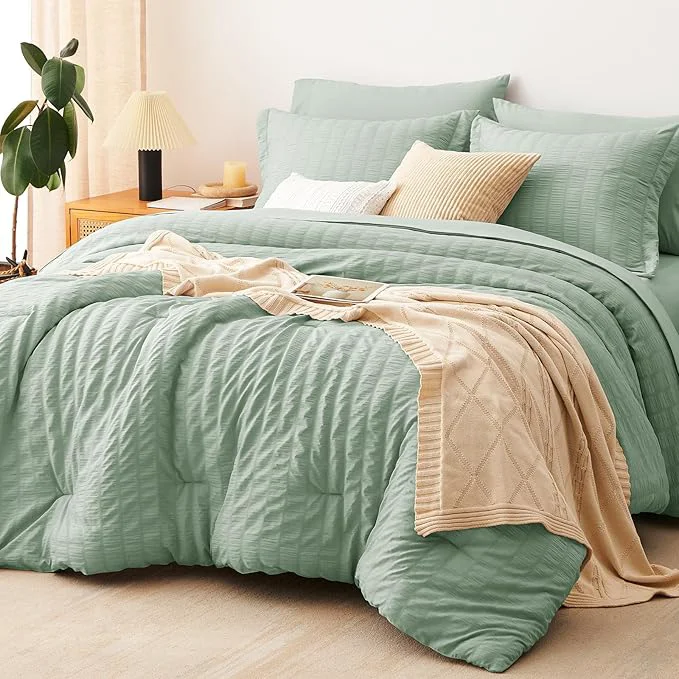 Selected CozyLux King Size Comforter Set Sage Green Seersucker 7 Pieces Bed in a Bag King Comforter Set with Sheets Luxury Bedding Sets with Down Comforter Sheets Pillowcases amp Shams All Seasons Certified