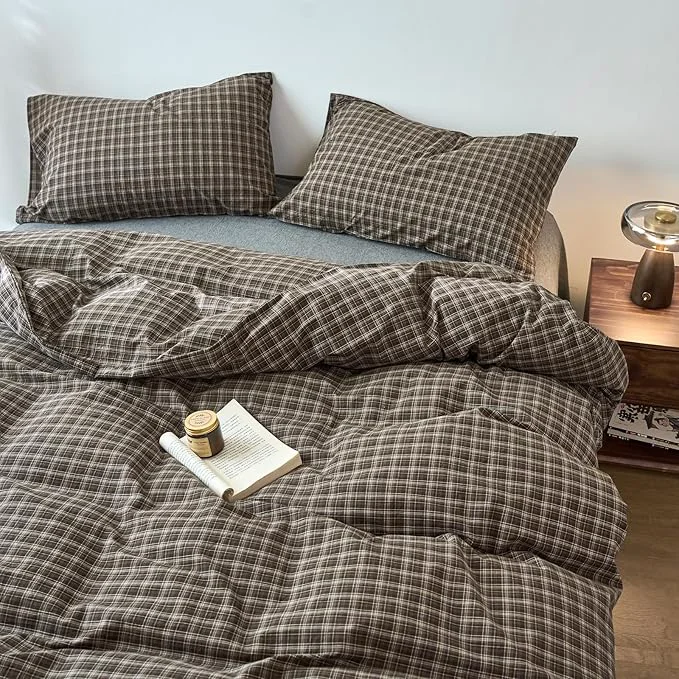 Efficient EAVD Vintage Style Dark Grey Gingham Plaid Duvet Cover King Washed Cotton Like Linen Feel Soft 3-Piece Grid Plaid Bedding Set with 2 Pillowcases Reversible Geometric Duvet Cover with Zipper Stylish