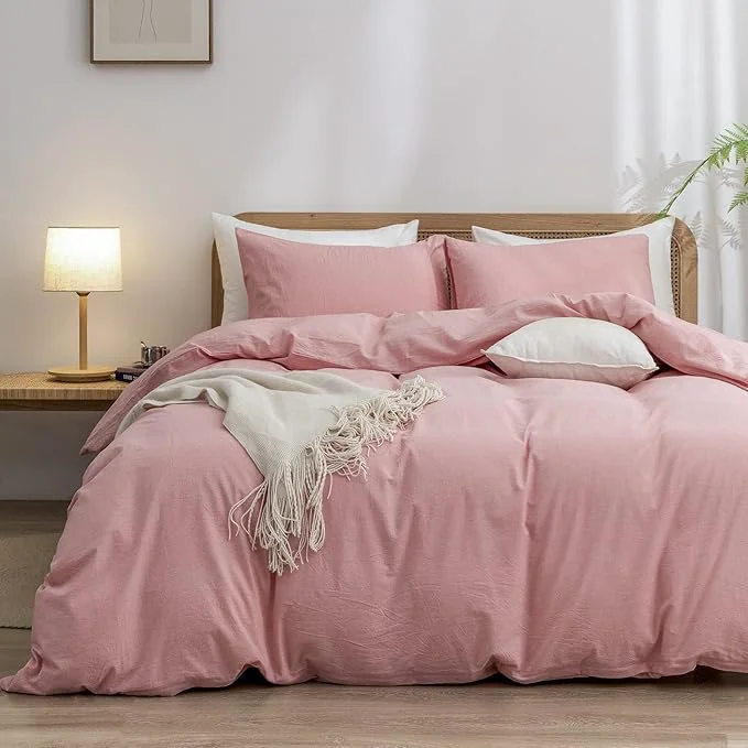 Pure OUCH Duvet Cover Set Washed Cotton Linen Feel Super Soft Comfortable Chic Lightweight 3 PCs Home Bedding Set Solid Red Pink Full Double