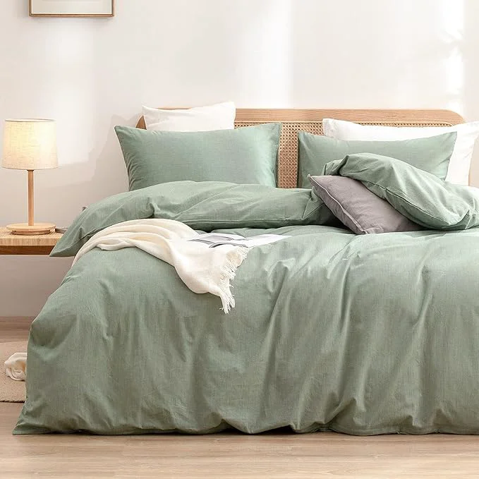 Practical OUCH Duvet Cover Set Washed Cotton Linen Feel Super Soft Comfortable Chic Lightweight 3 PCs Home Bedding Set Solid Green Super Queen Exceptional