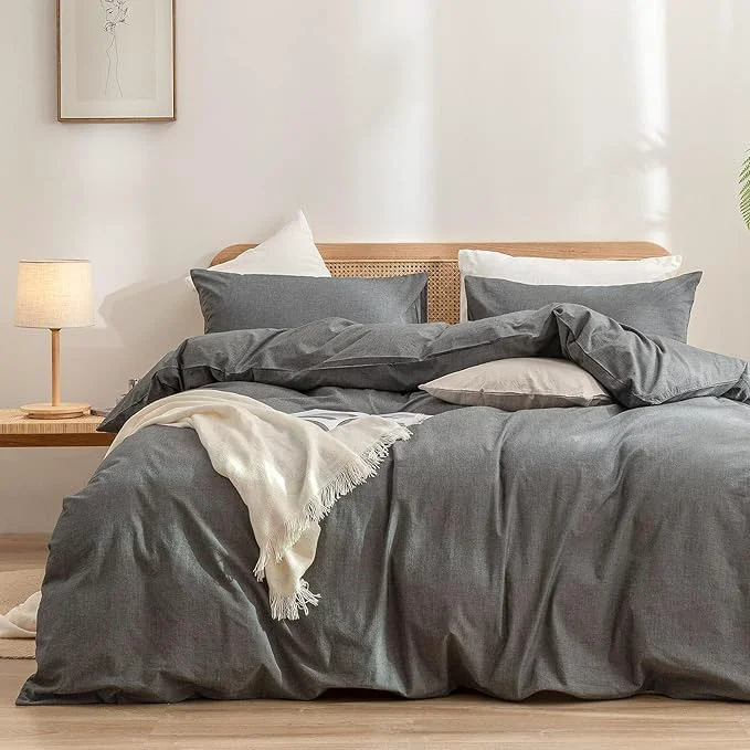 Versatile OUCH Duvet Cover Set Washed Cotton Linen Feel Super Soft Comfortable Chic Lightweight 3 PCs Home Bedding Set Solid Dark Grey Alaska King Quality