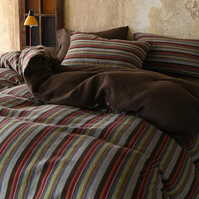 First-Class EAVD Retro Striped Duvet Cover Set Full Soft Cotton Muslin Bohemian Colorful Vertical Striped Bedding Set with 2 Pillowcases Rustic Farmhouse Style Geometric Pattern Duvet Cover with Zipper Minimalist