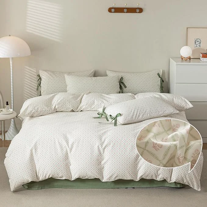 Next-Generation VM VOUGEMARKET Red Flower Duvet Cover Set Queen Green Grid Duvet Cover with 2 Bow Ties Pillowcases Cotton Vintage Country Style Girls Comforter Cover with Zipper Closure Dependable