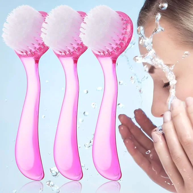 Dependable 3 Pieces Facial Cleansing Brush Acrylic Handle Face Scrubbers Soft Bristle Breathable