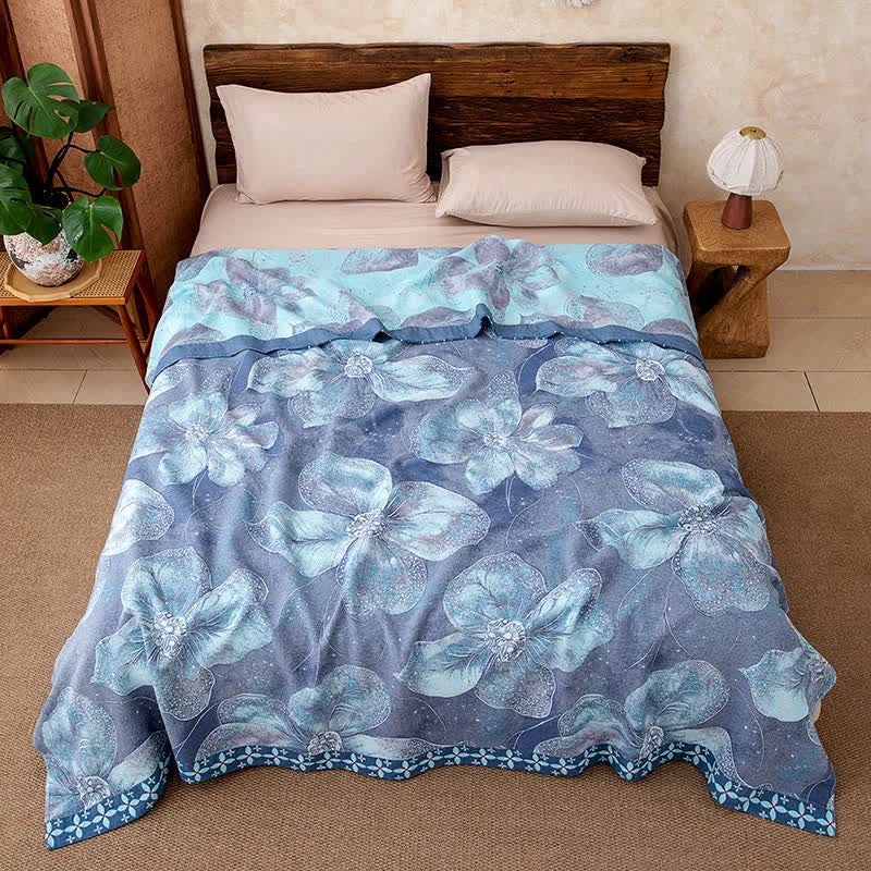 Durable Ownkoti Country Blue Floral Cotton Gauze Blanket Eco-Friendly