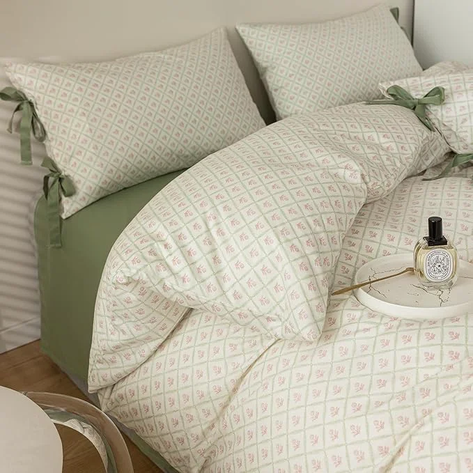 Refined VM VOUGEMARKET Red Blooming Duvet Cover Set Twin Green Plaid Grid Duvet Cover with 2 Bowknot Pillowcases Cotton Chic Garden Style Bedding Set for Girls Women Without Comforter Elegant