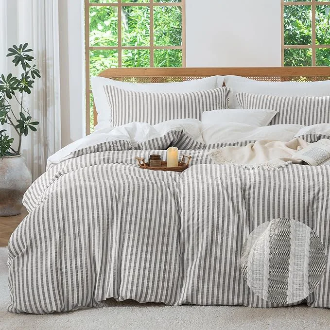 Classic MILDLY Jacquard Stripe Duvet Cover - Washed Cotton Boho Textured Comforter Cover Set 2pcs with Zipper Closure 68 quot x90 quot Fine