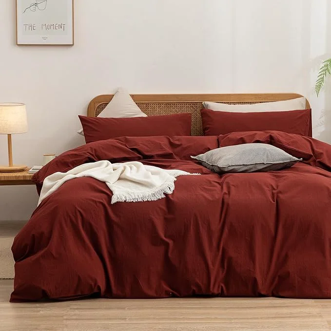 Artisan OUCH Duvet Cover Set Washed Cotton Linen Feel Super Soft Comfortable Chic Lightweight 3 PCs Home Bedding Set Solid Fired Brick Red King Detailed