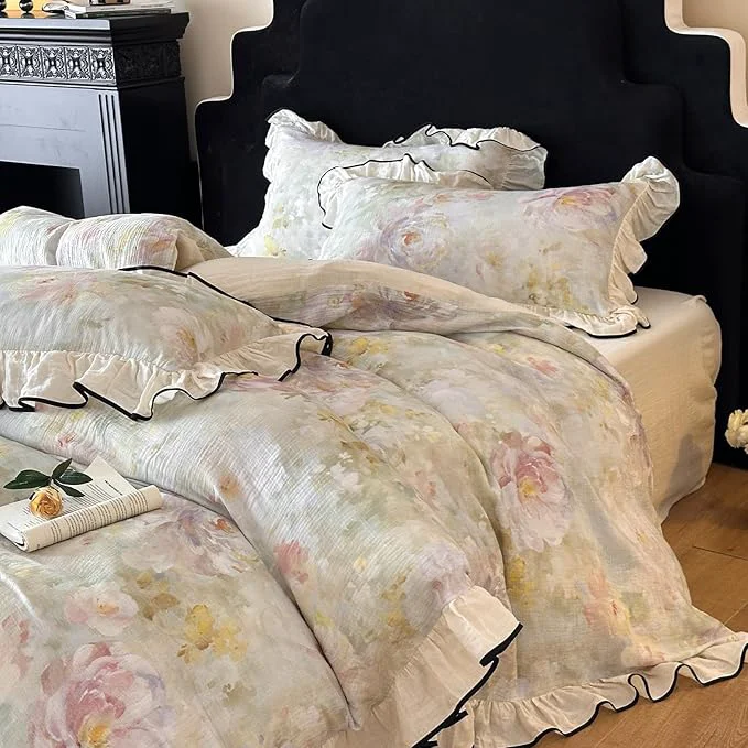 Practical VM VOUGEMARKET Muslin Cotton Duvet Cover Queen Chic Floral Duvet Cover with Romantic Ruffles Soft Linen Like Gauze Comforter Cover with Zip Closure and Corner Ties- 90 quot x90 quot Healthy