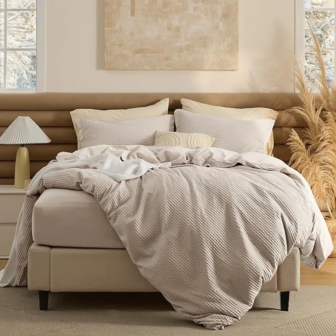 Lightweight Bedsure Cotton Duvet Cover King Size with Fitted Sheet - 4 Pieces Linen Color Waffle Weave Bedding Set GentleSoft™ and Breathable Includes 1 Duvet Cover 104x90 1 Fitted Sheet 2 Pillow Shams Quality